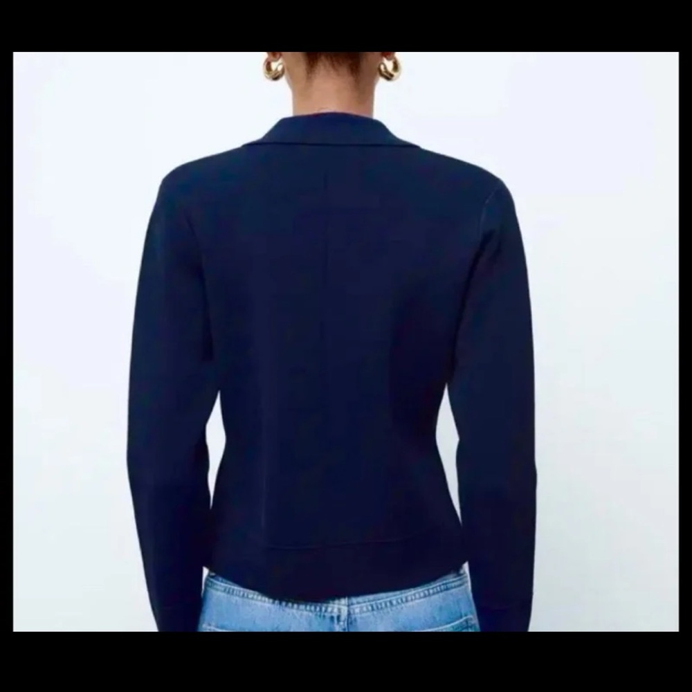 NWT Zara Flower Button Knit Cardigan Blazer Sweater in Navy Blue size Medium - Picture 3 of 12